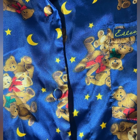 Vintage Women’s Esleep Large Navy Button Up Top With Teddy Bears Satin Sleepwear - Picture 5 of 11